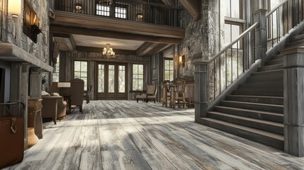 Fototapeta premium An elegant open interior with a staircase and rustic design elements