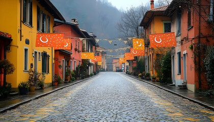 Fototapeta premium Charming cobblestone street lined with colorful houses and festive banners under a cloudy sky