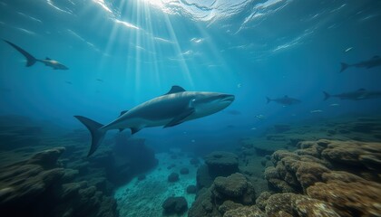 Fototapeta premium Majestic shark swimming gracefully among coral reefs under the radiant sunlight