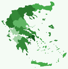 Obraz premium Map of Greece with regions. A simple country border map with region division. Green color palette. Flat Hellenic Republic shape with administrative division. Vector illustration.