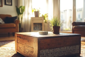 A wooden table with plants in a bright living room