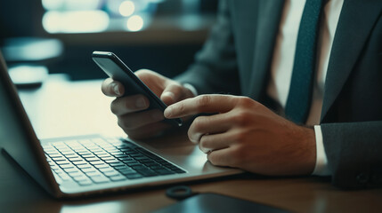 Empresário de terno com celular nas mãos. Homem digitando mensagem e verificando notícias do mercado financeiro.
