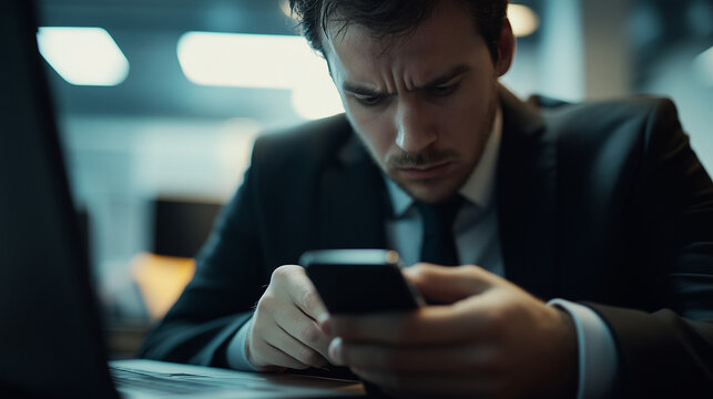 Investidor financeiro trabalhando, empres&aacute;rio de terno usa seu telefone ao lado do computador e fica zangado,  preocupado e contrariado com as not&iacute;cias   sobre seus neg&oacute;cios e investimentos.