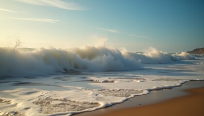 Obraz premium Crashing waves producing white foam and spray on a sandy beach at sunset