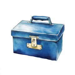 A vibrant blue toolbox with a handle, showcasing a classic design and watercolor texture.