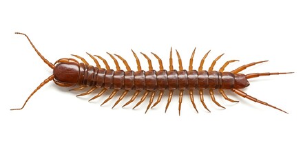 A top-down view of a centipede with numerous legs extending from its segmented body, isolated on a white background