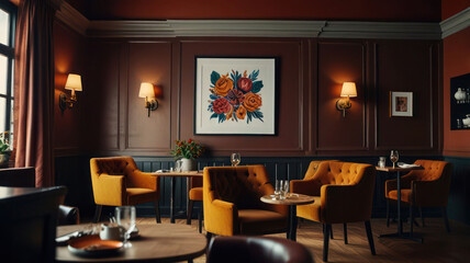 Fototapeta premium A cozy restaurant atmosphere furnished with two comfortable armchairs and a table with crockery