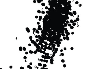 Particles texture, grainy grunge abstract overlay on white background. Liquid spray or drop. Black ink blobs random drop on white background. Splatter of circle shapes for artistic brush. Vector.