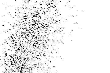 Obraz premium Particles texture, grainy grunge abstract overlay on white background. Liquid spray or drop. Black ink blobs random drop on white background. Splatter of circle shapes for artistic brush. Vector.