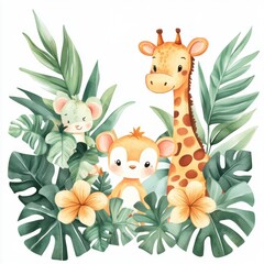 Obraz premium Cute cartoon animals, a giraffe, lion, and koala, surrounded by lush greenery and tropical flowers.
