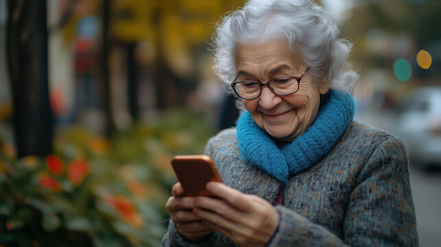 Uma idosa simp&aacute;tica andando pela rua fica feliz com a not&iacute;cia que recebe em seu smartphone.