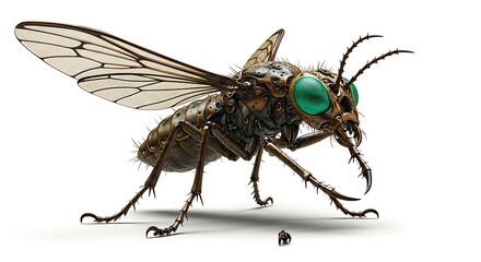 Fototapeta premium A surreal digital artwork of a biomechanical insect, its metallic body gleaming against a white background