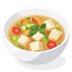 A delicious bowl of vegetable soup with tofu, garnished with fresh herbs and colorful vegetables.
