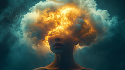 Beautiful young woman's head enveloped by fluffy white cloud obscuring her face, symbolizing brain fog and mental confusion. Studio shot on neutral background. Modern conceptual art