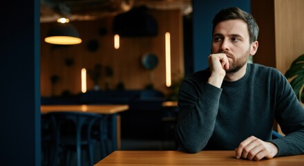 Fototapeta premium Thoughtful man resting his chin on hand while sitting at a wooden table