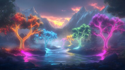 Colorful trees line a river flowing through majestic mountains