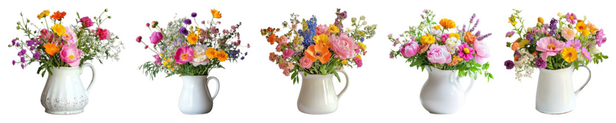 Obraz premium PNG Vibrant floral arrangements in pitchers, element set on transparent background