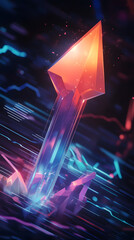 An arrow pointing upwards, made of glass, glowing and shining with light effects
