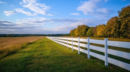 Fototapeta premium A scenic long white fence separating a field of crops and trees