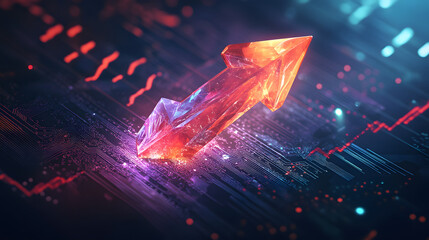 An arrow pointing upwards, made of glass, glowing and shining with light effects
