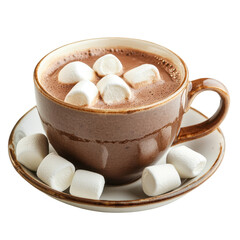 Hot Chocolate in Brown Cup with Marshmallows on White Plate