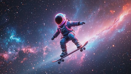 Naklejka premium Explore the cosmos with a space explorer riding a cosmic surfboard among glowing nebulae and twinkling stars in this 3D scene