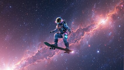 Naklejka premium Explore the cosmos with a space explorer riding a cosmic surfboard among glowing nebulae and twinkling stars in this 3D scene