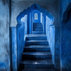An arched doorway leads to a staircase inside a blue building