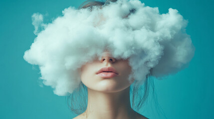 Beautiful young woman's head enveloped by fluffy white cloud obscuring her face, symbolizing brain fog and mental confusion. Studio shot on neutral background. Modern conceptual art