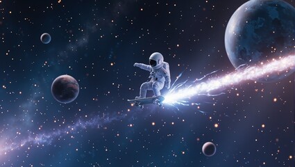 Fototapeta premium Explore the cosmos with a tiny astronaut on a cosmic skateboard gliding through planets with mesmerizing light trails