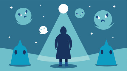 Obraz premium Whispers of Memories A figure surrounded by swirling ghostlike shapes representing intrusive memories while they are focused on a bright light ahead symbolizing hope.