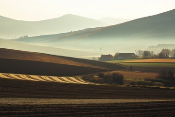Hilly Landscape Showcasing Farmhouses and Fields in a Misty Atmosphere