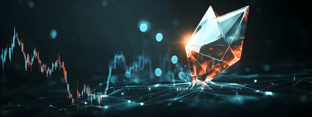 An arrow pointing upwards, made of glass, glowing and shining with light effects
