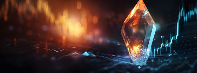 An arrow pointing upwards, made of glass, glowing and shining with light effects
