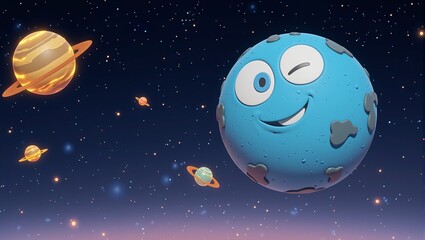 Explore this playful 3D planet model with a charming cartoon face winking in space surrounded by glowing planets and shooting stars