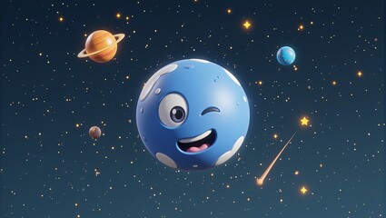 Naklejka premium Explore this playful 3D planet model with a charming cartoon face winking in space surrounded by glowing planets and shooting stars