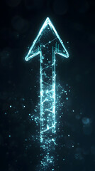 An arrow pointing upwards, made of glass, glowing and shining with light effects
