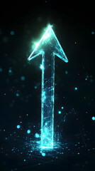 An arrow pointing upwards, made of glass, glowing and shining with light effects
