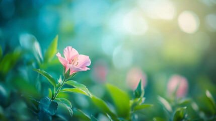Obraz premium Soft pink flower blossom in vibrant green garden peaceful nature scene leaf plant petal bloom fresh