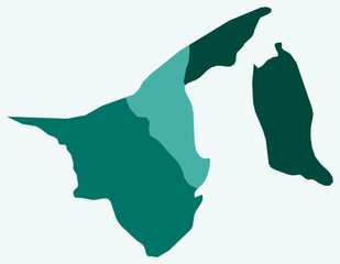 Map of Brunei with regions. A simple country border map with region division. Teal color palette. Plain Brunei shape with administrative division. Vector illustration.