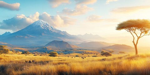 Serene African Savanna Landscape Golden Grasslands Sunset with Majestic Mountains