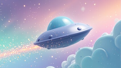 Obraz premium Cartoonish flying saucer soaring through pastel galaxy metallic surface reflecting stars leaving stardust trail