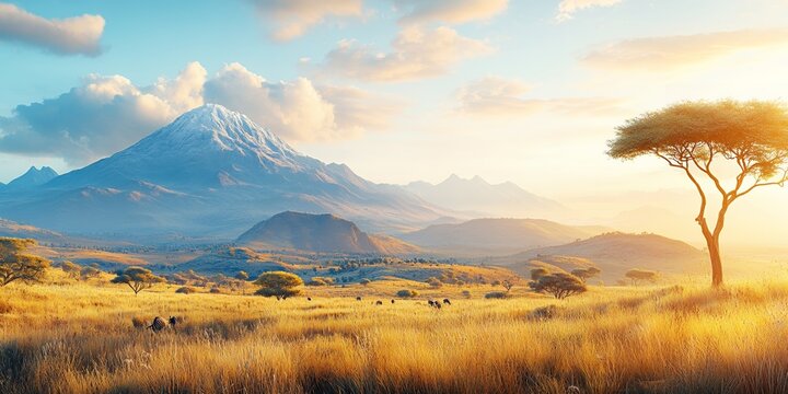 Fototapeta Serene African Savanna Landscape Golden Grasslands Sunset with Majestic Mountains