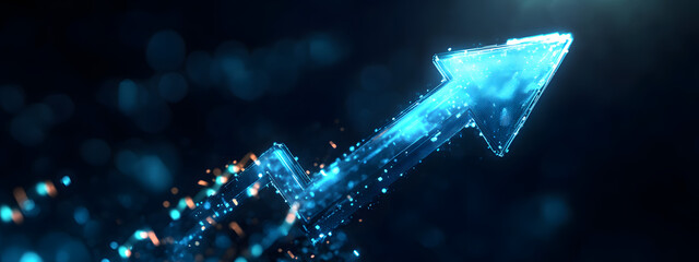 An arrow pointing upwards, made of glass, glowing and shining with light effects
