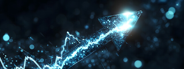 An arrow pointing upwards, made of glass, glowing and shining with light effects
