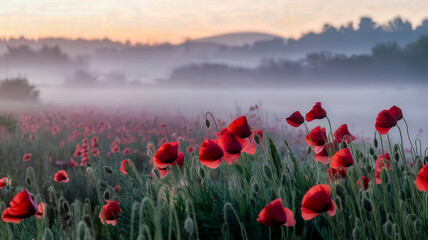 A vast field of vibrant red poppies sways gently in the mist, rolling across the landscape, creating a serene and dreamy atmosphere.
