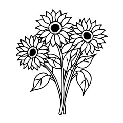 Black & White Sunflower Bouquet – Green Stems Contrast on White for Botanical Designs, B&W Sunflower Bouquet – Green Stems Botanical Art, Sunflower Bouquet Clipart – black and white with Green Accents