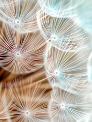 A mesmerizing close-up of dandelion seeds, highlighting delicate filaments and intricate radial symmetry. The soft, ethereal hues blend harmoniously, evoking a sense of lightness and natural beauty.