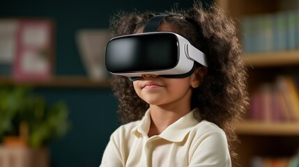 Future's Embrace: A young girl, immersed in virtual reality, explores a new world. Capturing the joy of discovery and technological wonder, representing the limitless potential of the future.