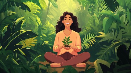 Fototapeta premium Smiling woman in a lush green forest planting a small tree while sitting cross-legged on the ground